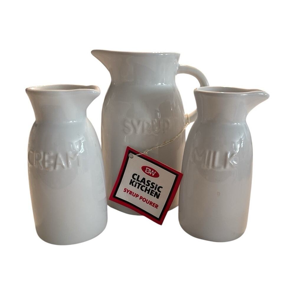 BW White Ceramic Creamer Sugar Bowl Syrup Pourer Set with Handles 6” x 3” 5” x 2